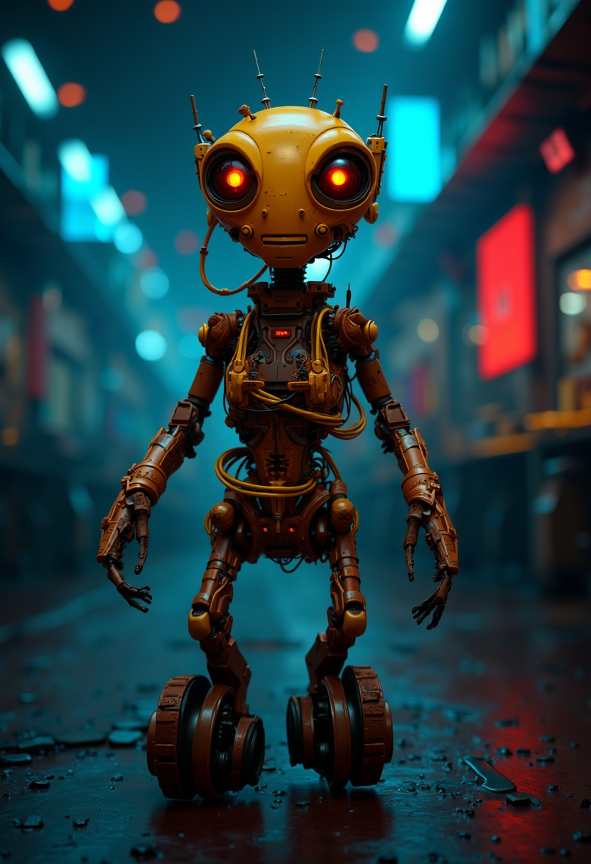 film noir style (photorealistic, UHD, shot on a Sony A7III, optimal photography, natural lighting:1.5)
image captures a scene of futuristic fantasy set against a dark backdrop with blurred lighting in hues of blue and orange. At the center of the frame is an alien robot, its body composed of a metallic brown color interspersed with yellow wiring and red accents.
The robot stands on two legs, each equipped with wheels at the bottom. Its arms are extended outwards, suggesting a welcoming or protective gesture. The robot's eyes glow in shades of orange, adding to its otherworldly appearance.
The head of the robot is large and cylindrical, topped with two antennas that reach upwards. A yellow mouth is visible on the front of the head, giving the robot an expressive countenance. 
Despite the fantastical elements, the image does not contain any discernible text or additional objects. The relative position of the robot to the background suggests it is in the foreground, drawing immediate attention.
Overall, the image presents a captivating scene from a futuristic world, embodied in the form of a humanoid robot standing against a colorful backdrop.
 . monochrome, high contrast, dramatic shadows, 1940s style, mysterious, cinematic