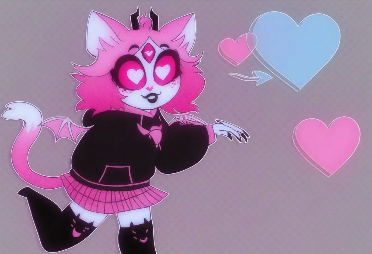 heart floating, heart-shaped pupils, aroused, heart eyes, cupid arrow, Valentine's day themed, emberlynn pinkle hellcat, black eyeliner, black lipstick, pink hair, black nails, black lips, freckles, eyeshadow, petite, short hair, black hoodie, pink hood, hood down, pink skirt, pleated skirt, plaid skirt, miniskirt, over-kneehighs, black socks, animal ear legwear, cat ear legwear, eyelashes