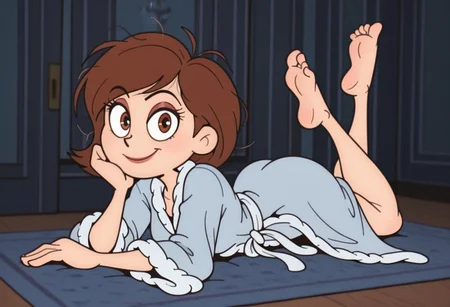 RetroXL, toon \(style\), flat color, 1girl, helen parr, bathrobe, messy hair,looking at viewer, smile, lying on stomach, legs up, full body, (masterpiece,best quality,newest,absurdres,highres)  <lora:HelenParr_NAI:1>
