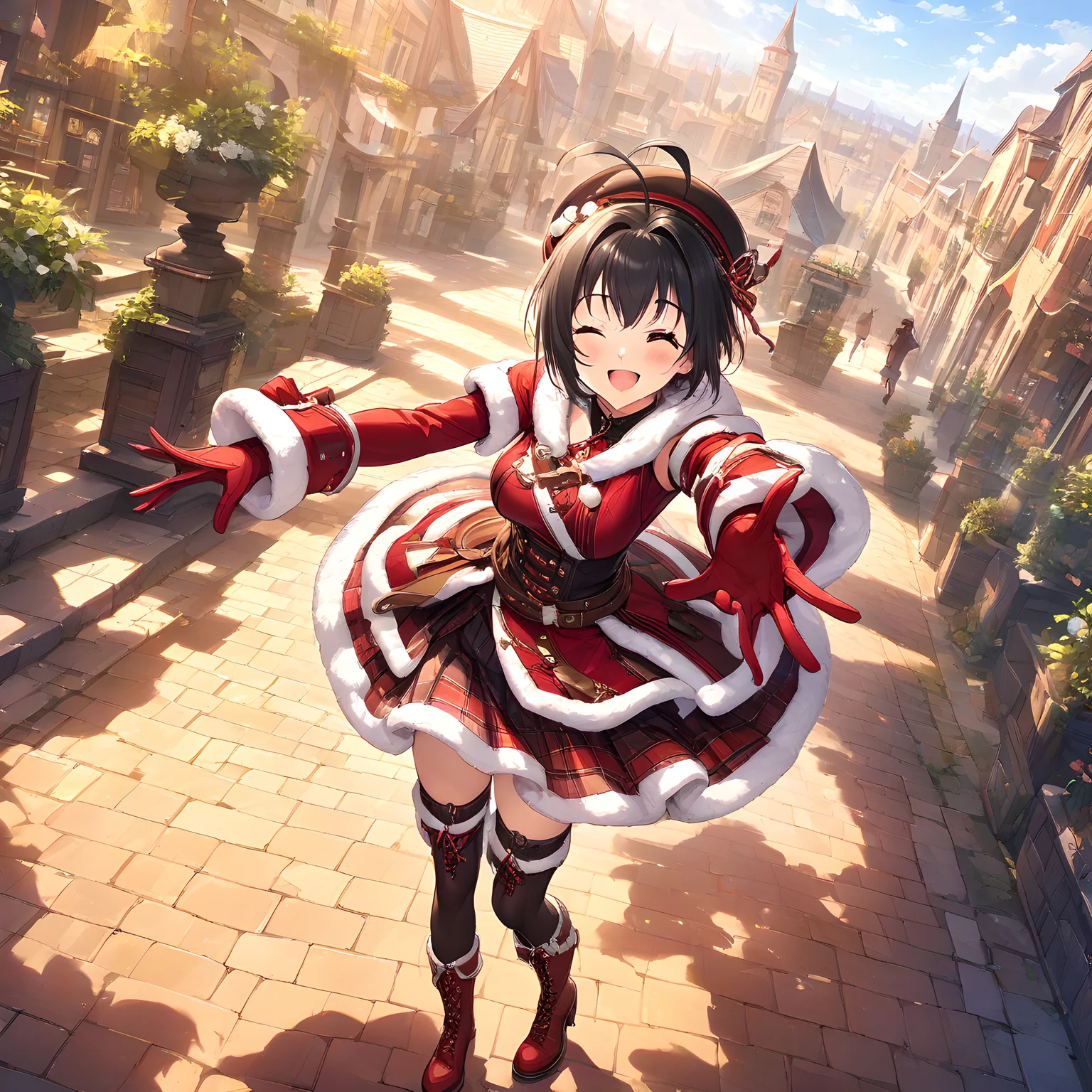(masterpiece),(best quality),(ultra-detailed),(best illustration),(best shadow),(absurdres),(detailed background),(very aesthetic), miho kohinata, 1girl, solo, one eye closed, black hair, gloves, short hair, ahoge, boots, hat, thighhighs, skirt, smile, fur trim, open mouth, red gloves <lora:Miho_Kohinata:1>