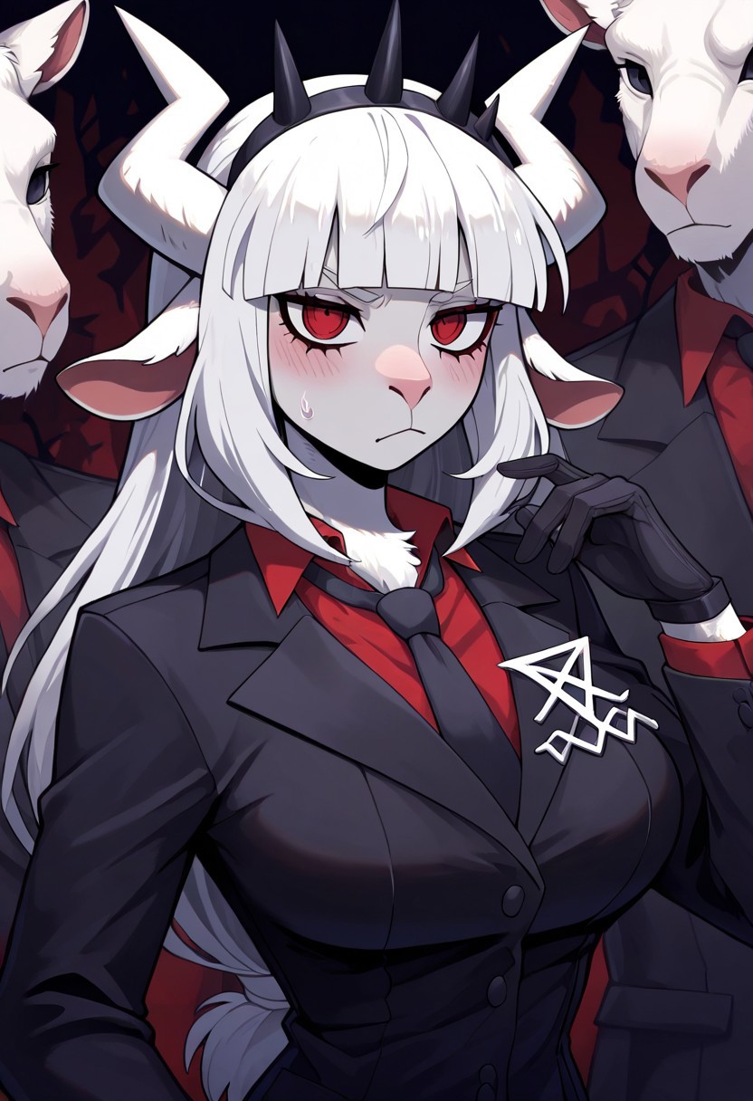 masterpiece, best quality, newest, absurdres, highres, 
FanFurMIXV1.0, 
solo, solo focus, 1girl, lucifer (helltaker), black suit, red necktie, black collared shirt, black gloves, blunt bangs, furry, anthro, goat girl, goat, goat horns,