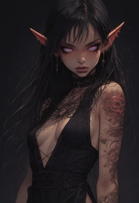 score_9, score_8_up, score_7_up, high detailed, high quality, masterpiece, no text, quality highlights, 8k detail, detailed background, source_anime, dynamic view, hentai, ultra-detailed, 
...
1girl, (((solo))), pale elf, female focus, expressiveh, (young), (cold skin),
(black hair), purple eye whites, ( irises like moons), (long hair),
((round hips)), (small breasts), lips,
(incredibly sexy), sexy pose, pose, ((tattoos)), ((piercing in lips))
...
closed mouth,
((An elegant gown, a dress of belts, a dress of ribbons, black collar,  center opening, side slit, high-waist sideboob)),
cowboy shot, looking at viewer, raised hand, green flame in hand, gold makeup, purple lips,
sitting, posing, close-up, 
...
(((white simple background)))