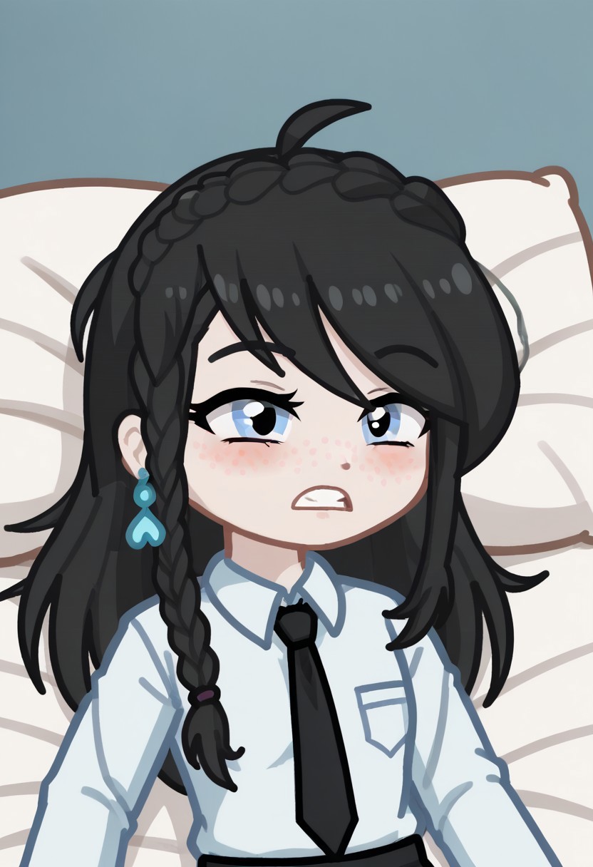 score_9, score_8_up, score_7_up, score_6_up, Neon light, lying in bed, GELUGDD, GELUGDDGacha, GELUGDD, GELUGDDGacha, Gacha, girl, black hair, long hair, braid, blue eyes, blue earrings, black tie,grimacing expression