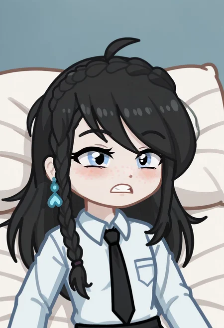 score_9, score_8_up, score_7_up, score_6_up, Neon light, lying in bed, GELUGDD, GELUGDDGacha, GELUGDD, GELUGDDGacha, Gacha, girl, black hair, long hair, braid, blue eyes, blue earrings, black tie,grimacing expression