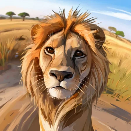 lion with a lush mane, African savannah in the backgroundб <lora:albeniz-rodriguez-style-1024:0.7> albeniz rodriguez style, caricature, fisheye view