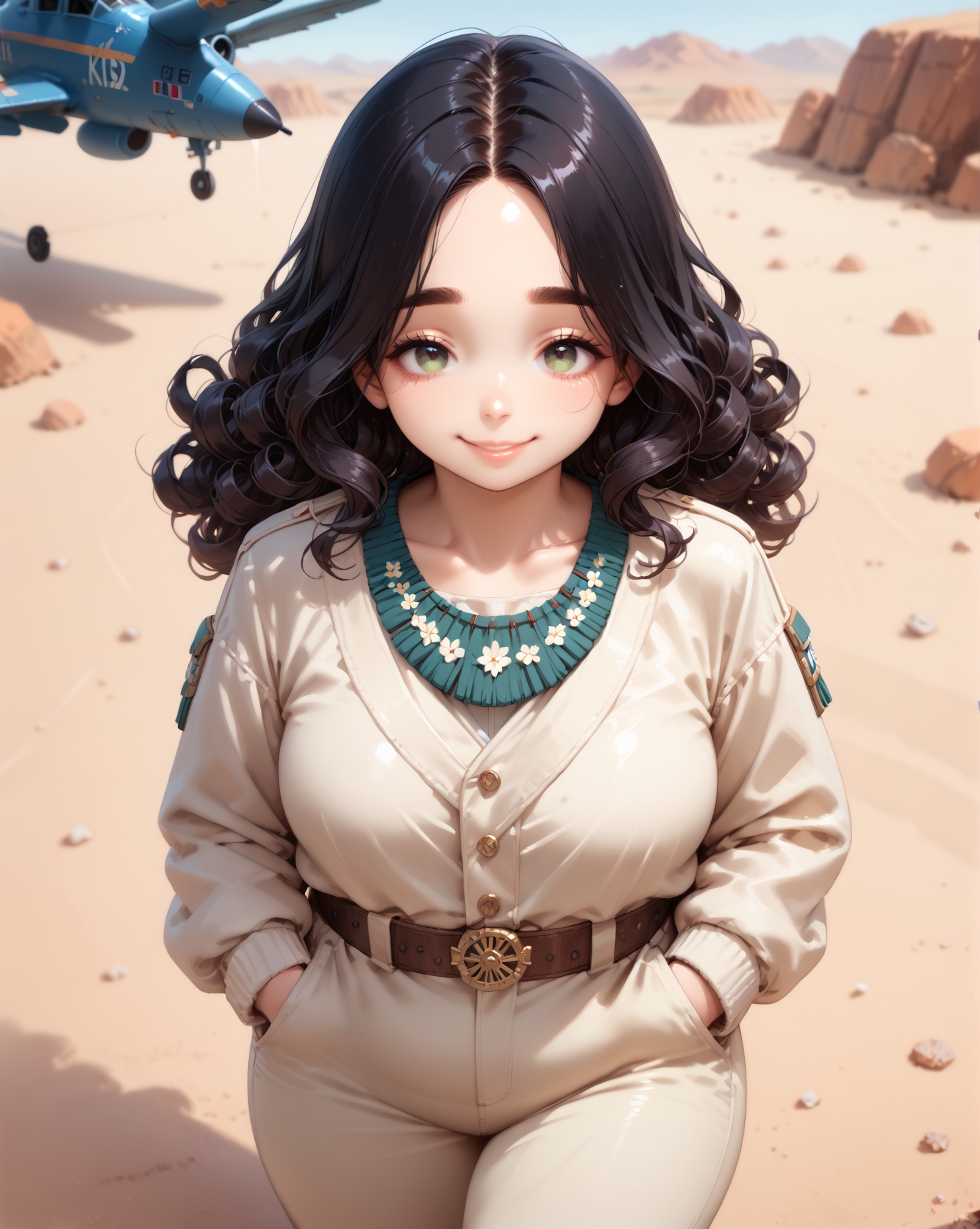 score_9, score_8_up, score_7_up, score_6_up, source_anime, rating_safe, ah1, 1girl, (curly hair), long hair, (black hair), mature female, (parted hair:1.7), (round face), (no_bangs:1.3), (no_fringe:1.6), looking at viewer, (thick eyebrows), (curvy), round-chin, (greenish hazel eyes), caucasian, (downturned eyes), <lora:ETO_OCPonyXL:0.5> eto_oc, skindentation, plump, thick thighs, wide hips, busty, voluptuous, kinky curls, lips, bad-hands-5, (standing with hands in her pockets), (red and white Quilted Coat), (in providing air support to ground troops in the desert, the military plane ready to engage targets), (friendly, gentle, smiling), <lora:venus body PonyXL:0.8>, <lora:xl_more_art-full_v1:0.4>, <lora:shinyskin2:0.3> glistening skin, <lora:aesthetic_anime_v1s:0.4>, <lora:Expressive_H:0.4> Expressiveh, <lora:hairdetailpxl:0.4> hairdetailpxl, <lora:EpicF4nta5yXL:0.4>, <lora:detailxl:0.4> detailxl, <lora:Fant5yP0ny:0.4>, best quality, amazing quality, best aesthetic, absurdres, <lora:expressive eyes:0.4> expressive eyes, (High Angle view Close shot (focus on waist)), <lora:eyedetailpxl:0.4> eyedetailpxl,