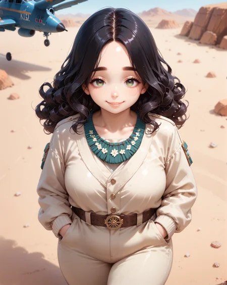 score_9, score_8_up, score_7_up, score_6_up, source_anime, rating_safe, ah1, 1girl, (curly hair), long hair, (black hair), mature female, (parted hair:1.7), (round face), (no_bangs:1.3), (no_fringe:1.6), looking at viewer, (thick eyebrows), (curvy), round-chin, (greenish hazel eyes), caucasian, (downturned eyes), <lora:ETO_OCPonyXL:0.5> eto_oc, skindentation, plump, thick thighs, wide hips, busty, voluptuous, kinky curls, lips, bad-hands-5, (standing with hands in her pockets), (red and white Quilted Coat), (in providing air support to ground troops in the desert, the military plane ready to engage targets), (friendly, gentle, smiling), <lora:venus body PonyXL:0.8>, <lora:xl_more_art-full_v1:0.4>, <lora:shinyskin2:0.3> glistening skin, <lora:aesthetic_anime_v1s:0.4>, <lora:Expressive_H:0.4> Expressiveh, <lora:hairdetailpxl:0.4> hairdetailpxl, <lora:EpicF4nta5yXL:0.4>, <lora:detailxl:0.4> detailxl, <lora:Fant5yP0ny:0.4>, best quality, amazing quality, best aesthetic, absurdres, <lora:expressive eyes:0.4> expressive eyes, (High Angle view Close shot (focus on waist)), <lora:eyedetailpxl:0.4> eyedetailpxl,