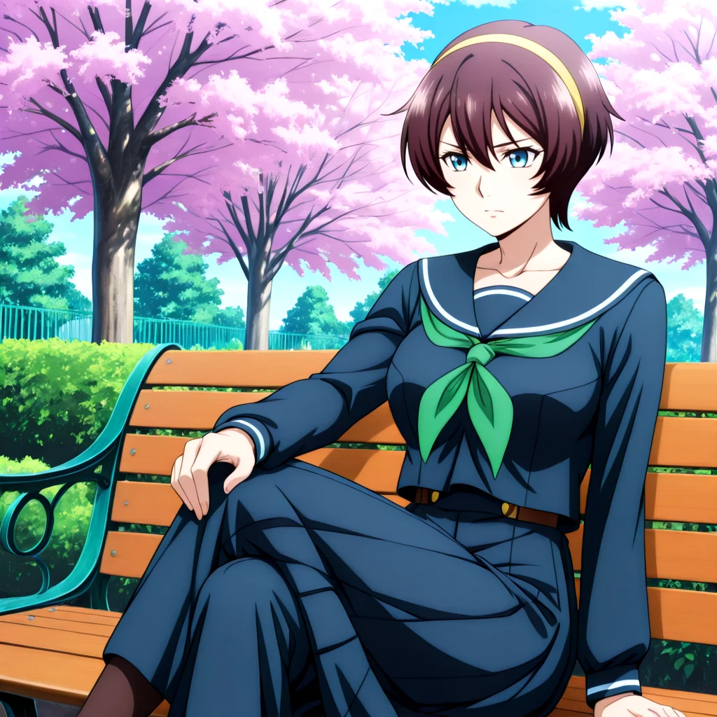 Yuu_School, 1girl, brown short hair, hair between eyes, blue eyes, medium breasts, collarbone, yellow hairband, serafuku, green neckerchief, sailor collar, dark blue serafuku, long sleeves, , <lora:Yuu_IL2:1> Public garden with cherry blossom trees and benches, Seated elegance: Sitting with legs crossed and a relaxed posture.