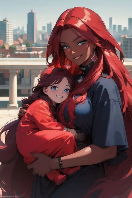(masterpiece, best quality:1.4), (ultra realistic:1.4), (8k uhd, very high quality:1.4), (extremely detailed face:1.4), (dark skin mother holding her female toddler:1.4), (absurdly long ruby red hair:1.4), (smiling and happy:1.4), (bright blue eyes:1.4), (city background:1.4)