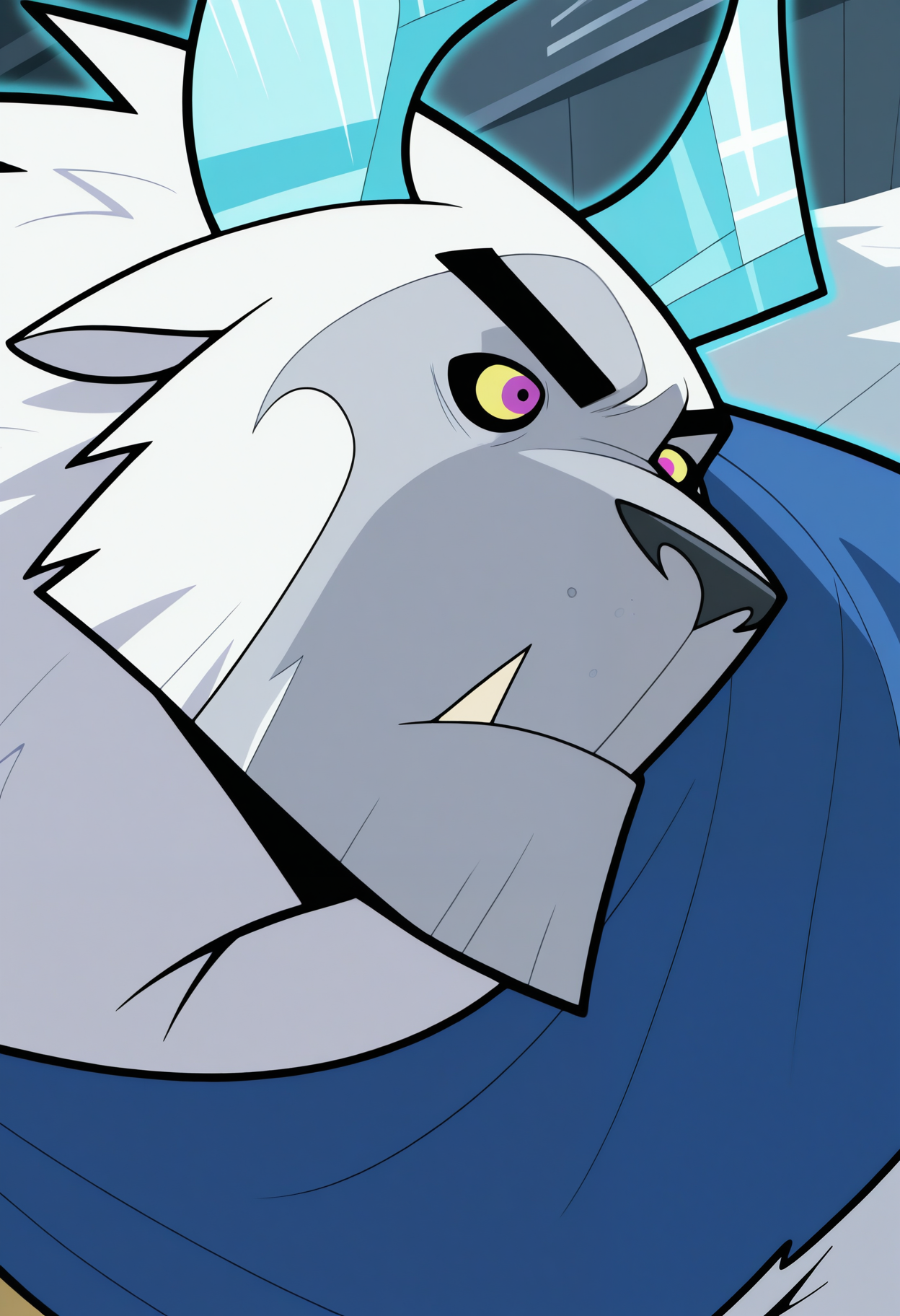 masterpiece,best quality,amazing quality, 1boy, solo, fr0st, furry, colored sclera, purple eyes, frozen horns, blue cape, close up, side angle, antarctica,