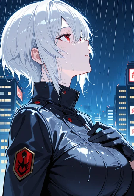 beautiful face, detailed face, (1girl, solo), perfect eyes, detailed eyes, female, white hair, short hair, spiky hair, red eyes, pale skin, perfect body, voluptuous, large breasts, (jacket, gloves) melancholic, face close up, looking up, from the side, rain on face, hand on chest, night, city, rain