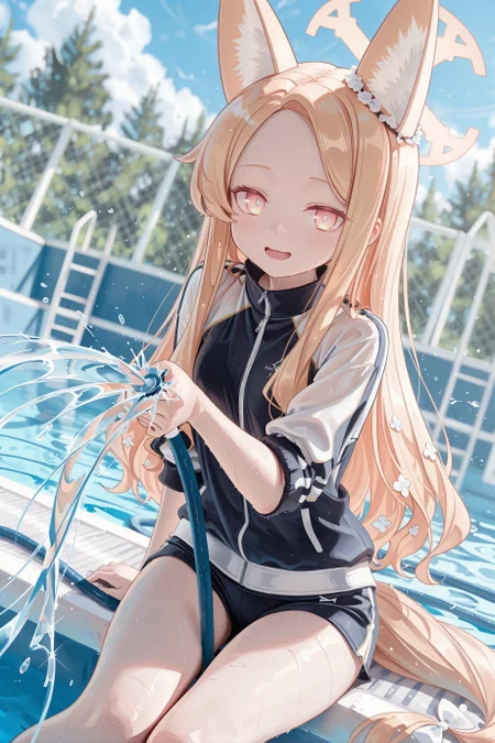 1girl, solo, seia \(blue archive\), halo,
gym uniform, black short shorts, track jacket, sleeves rolled up,
embarrassed, nervous smile, open mouth,
splashing, hose, sitting, knees together feet apart, water, water drop, aiming, holding hose,
looking at viewer, outdoors, empty pool, poolside, cowboy shot, dutch angle, from below,
masterpiece, best quality, amazing quality, very aesthetic, absurdres, highres, newest, <lora:xl_saturation_slider:0.1>, <lora:illustriousXLv01_stabilizer_v1.164:0.4>, <lora:splashingillv1.1:1>, <lora:reduce_wrinkles_illstriouosv0.1_ADDifT_2_in_1_v1.2:0.9>,