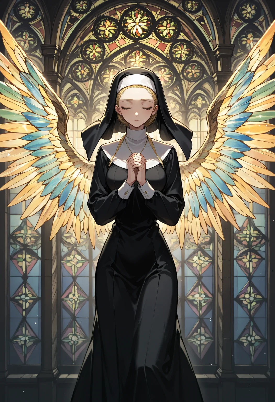 solo,1girl, stained glass wings,nun,