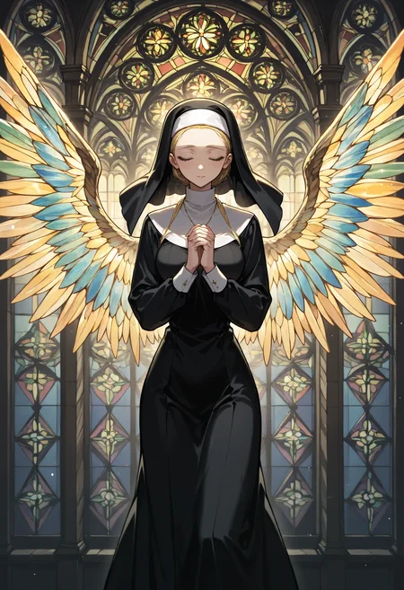 solo,1girl, stained glass wings,nun,
