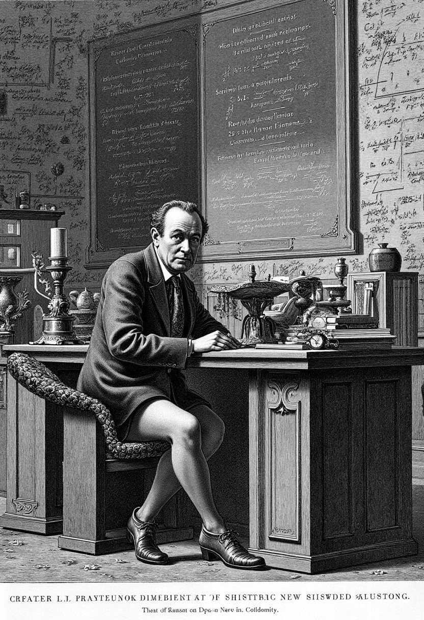 A copperplate etching of Richard Feynman sitting at his desk, surrounded by blackboards covered in mathematical equations.