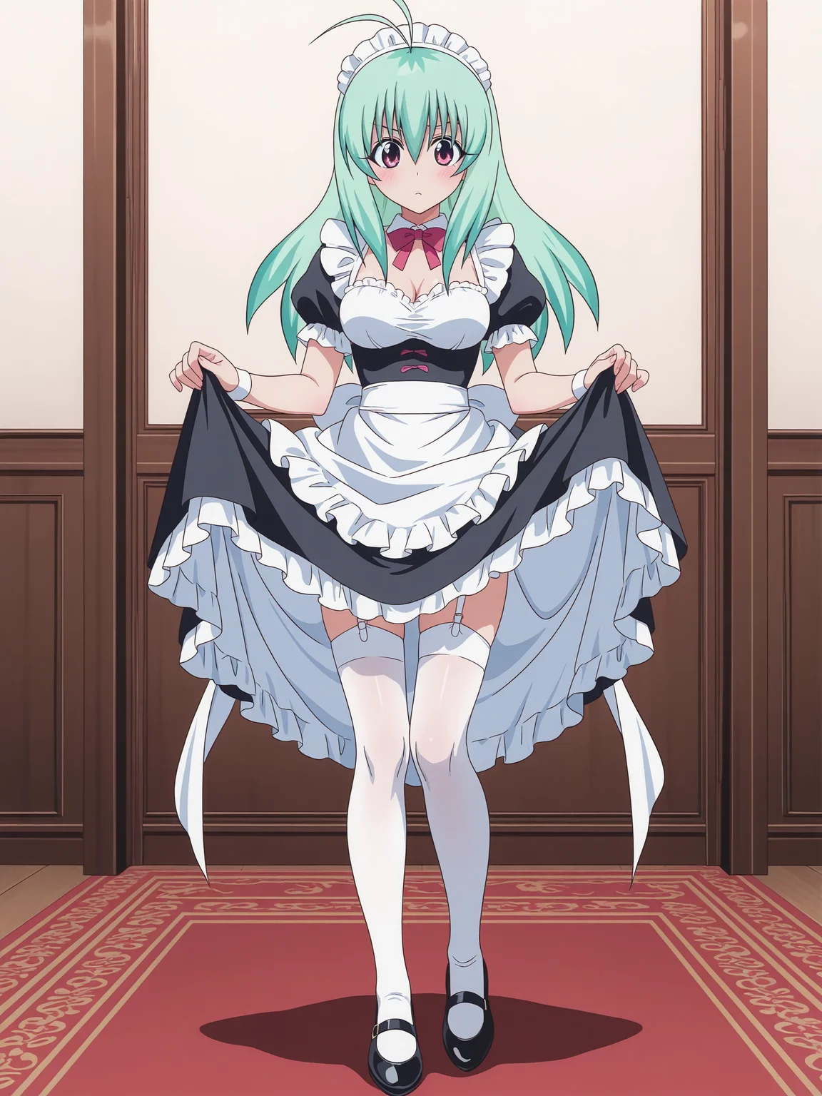 <lora:Run_Elsie:1>,run_elsie,full body, maid, skirt lift,