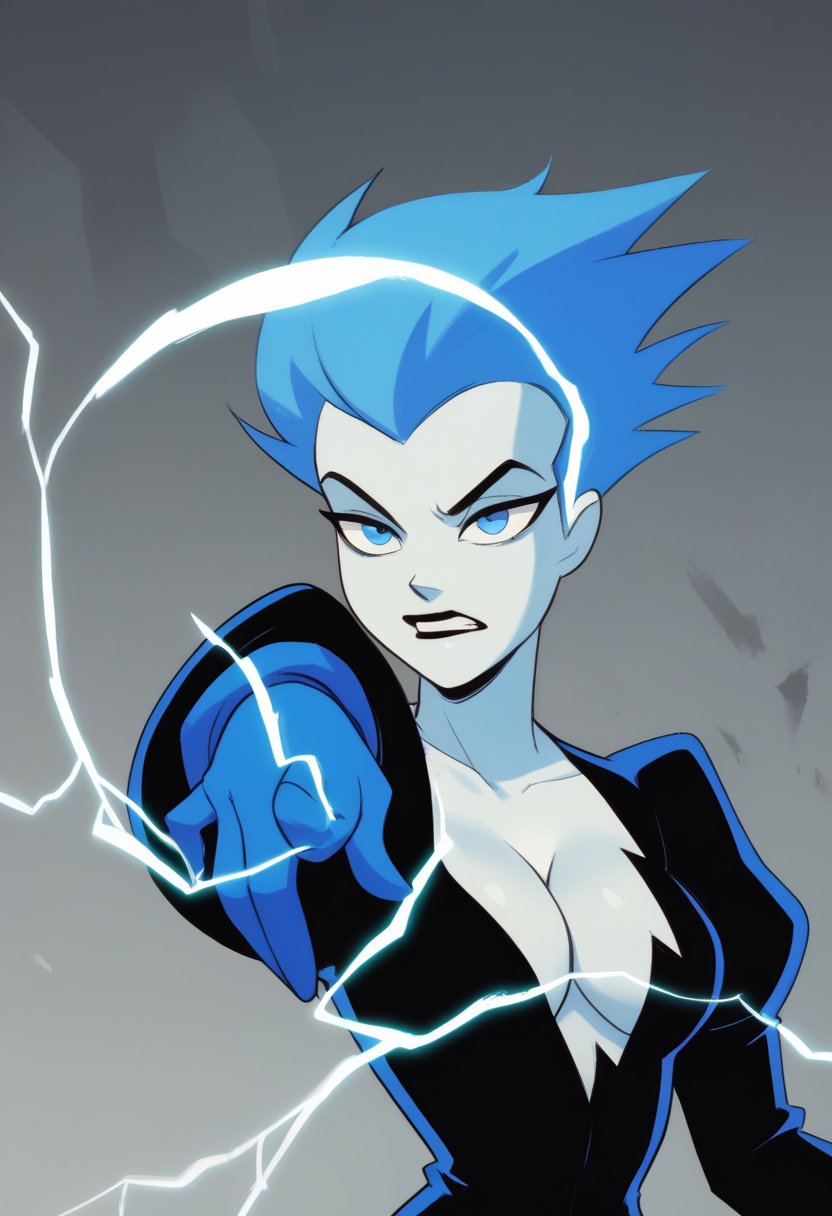 score_9, score_8_up, score_7_up, score_6_up BREAK
 <lora:only_my_railgun_pony:1.0> pointing electricity,
 <lora:LivewireAS:0.7> livewirexl, Livewire, blue hair, blue eyes , pale skin, spiky hair, black leotard, long sleeves, blue gloves,cleavage