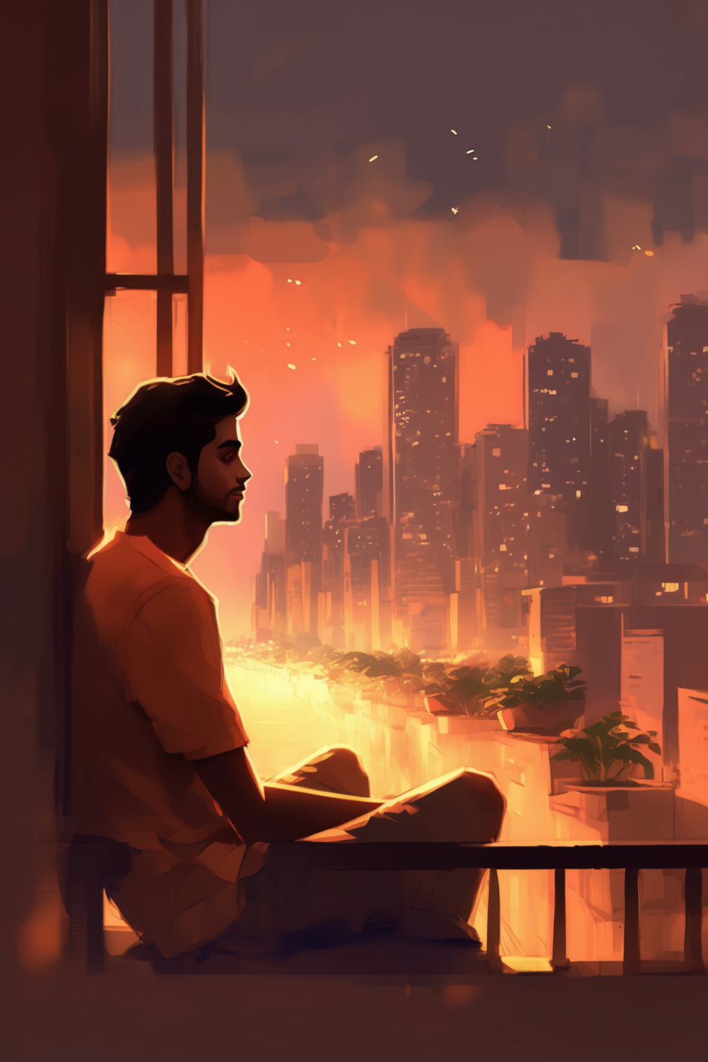 <lora:Atey Ghailan style:1>Atey Ghailan style - Sketch Style a guy sitting on the terrace looking at the sky and watching memories in the sky also the city lights are visible in the city mumbai with sunset
