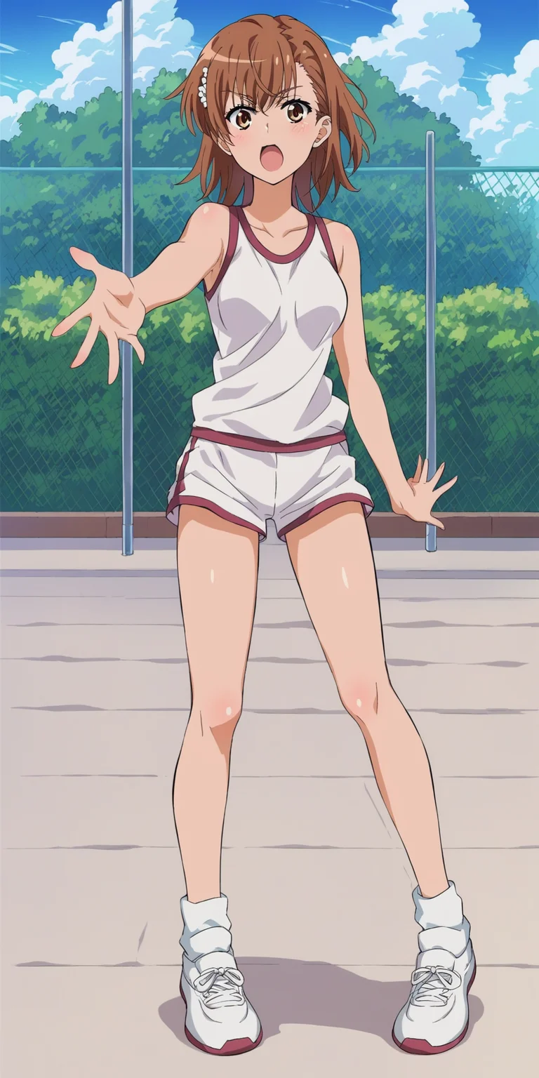 score_9, score_8_up, score_7_up, score_6_up, source_anime, intricate details, mikoto misaka,  <lora:Mikoto_Misaka:1>, tokiwadai gym uniform, school emblem, multicolored tank top, multicolored shorts, white shorts, loose clothing, matching clothes, white shoes, multicolored shoes, hair ornament, brown eyes, brown hair, short hair, mature, official artstyle, medium breasts, standing, reaching for legs, bending down, outside on a sunny day
