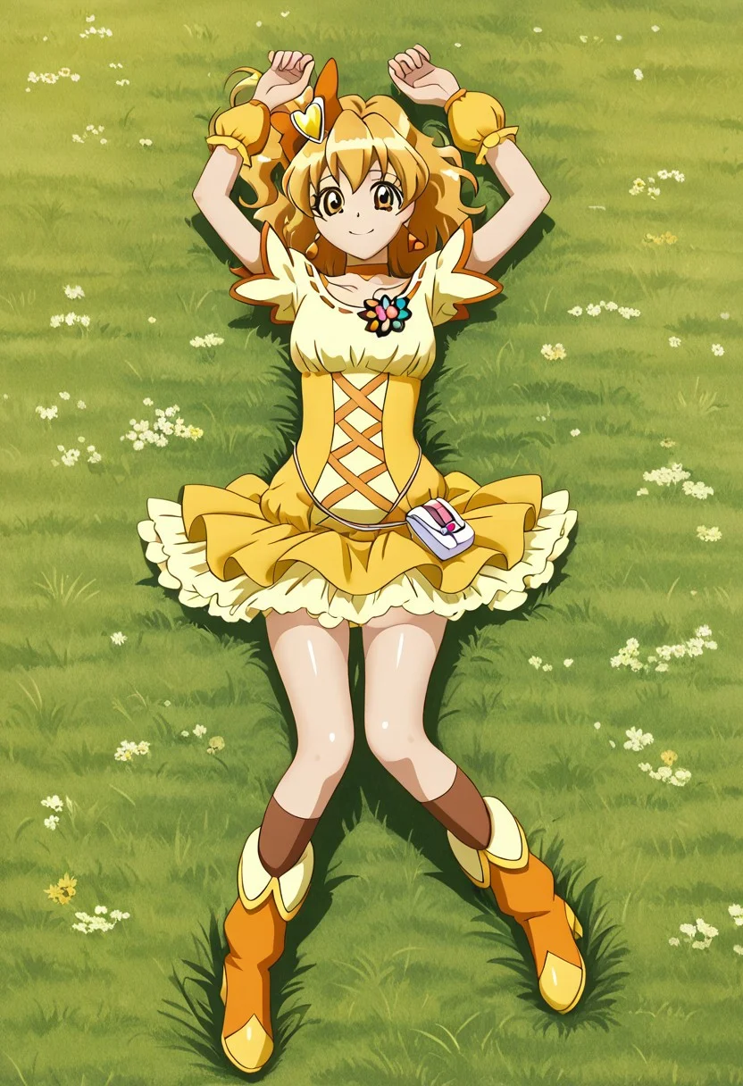 detailed background, shiny skin, posing,
<lora:curepine.pony:1>,
curepine, wide hips, 
 high quality, solo, lying, on back, arms up, spread arms, spread legs, closed mouth, on grass, full body, looking at viewer, smile, best quality