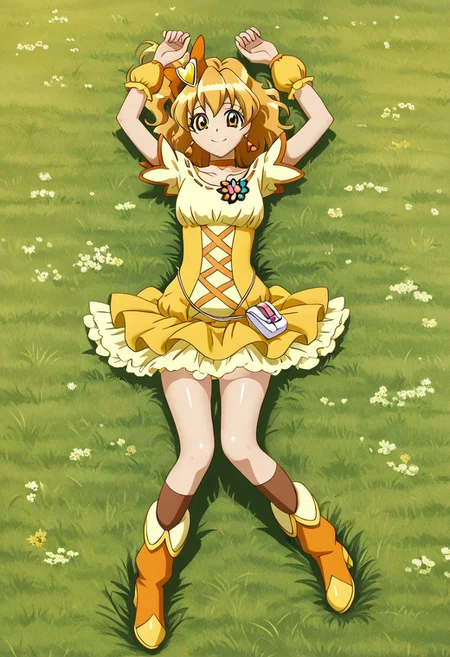 detailed background, shiny skin, posing,
<lora:curepine.pony:1>,
curepine, wide hips,
high quality, solo, lying, on back, arms up, spread arms, spread legs, closed mouth, on grass, full body, looking at viewer, smile, best quality
