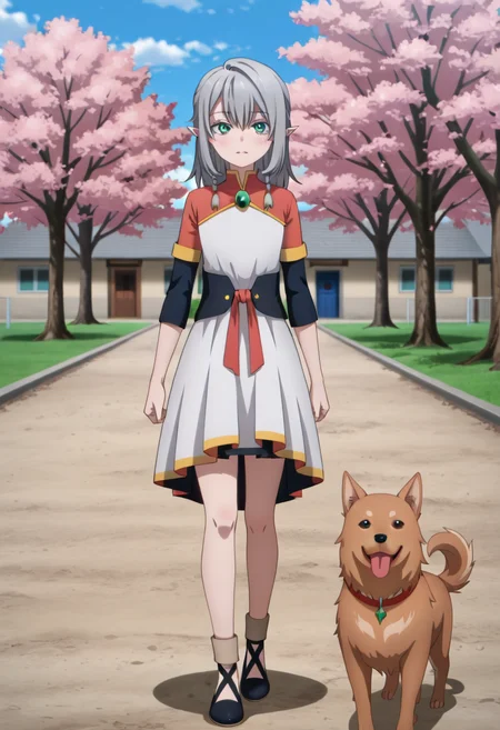 <lora:Young Tessia_IL:1>Young Tessia, 1girl, gray hair, pointed ears, elf, green eyes, white asymmetrical dress with yellow trim, red sash waist tie, black long-sleeve undershirt, green gem pendant necklace, white thigh-high socks, black crisscross strap shoes
Cherry blossom trees in a downtown dog park