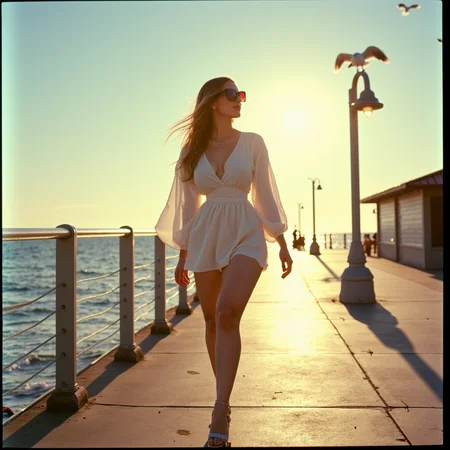 surrealist art analog film photo A woman in light, breezy buchona fashion â silk cover-up dress, oversized sunglasses, platform sandals â walking along a quiet beachside pier during sunset. The ocean sparkles behind her with warm winds and gulls overhead. Captured with a Lomo LC-A 35mm camera, dreamy light leaks, slightly overexposed highlights, and vintage saturation. The vibe is relaxed, glowing, and effortlessly stylish. <lora:buchonas v1:0.9> buch0nas . faded film, desaturated, 35mm photo, grainy, vignette, vintage, Kodachrome, Lomography, stained, highly detailed, found footage, RAW candid cinema, 16mm, color graded portra 400 film, remarkable color, ultra realistic, textured skin, remarkable detailed pupils, realistic dull skin noise, visible skin detail, skin fuzz, dry skin, shot with cinematic camera . dreamlike, mysterious, provocative, symbolic, intricate, detailed