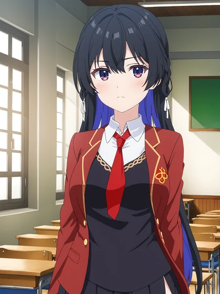masterpiece, best quality,
<lora:tinasha.sdxl.v3:0.85> tinasha,
1girl, solo,
black dress, china dress, clothing cutout,
school uniform, white shirt, collared shirt,
black skirt, red blazer, open blazer,
red necktie,
classroom, indoors, school,