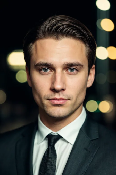 closeup face photo of caucasian man in black clothes, night city street, bokeh