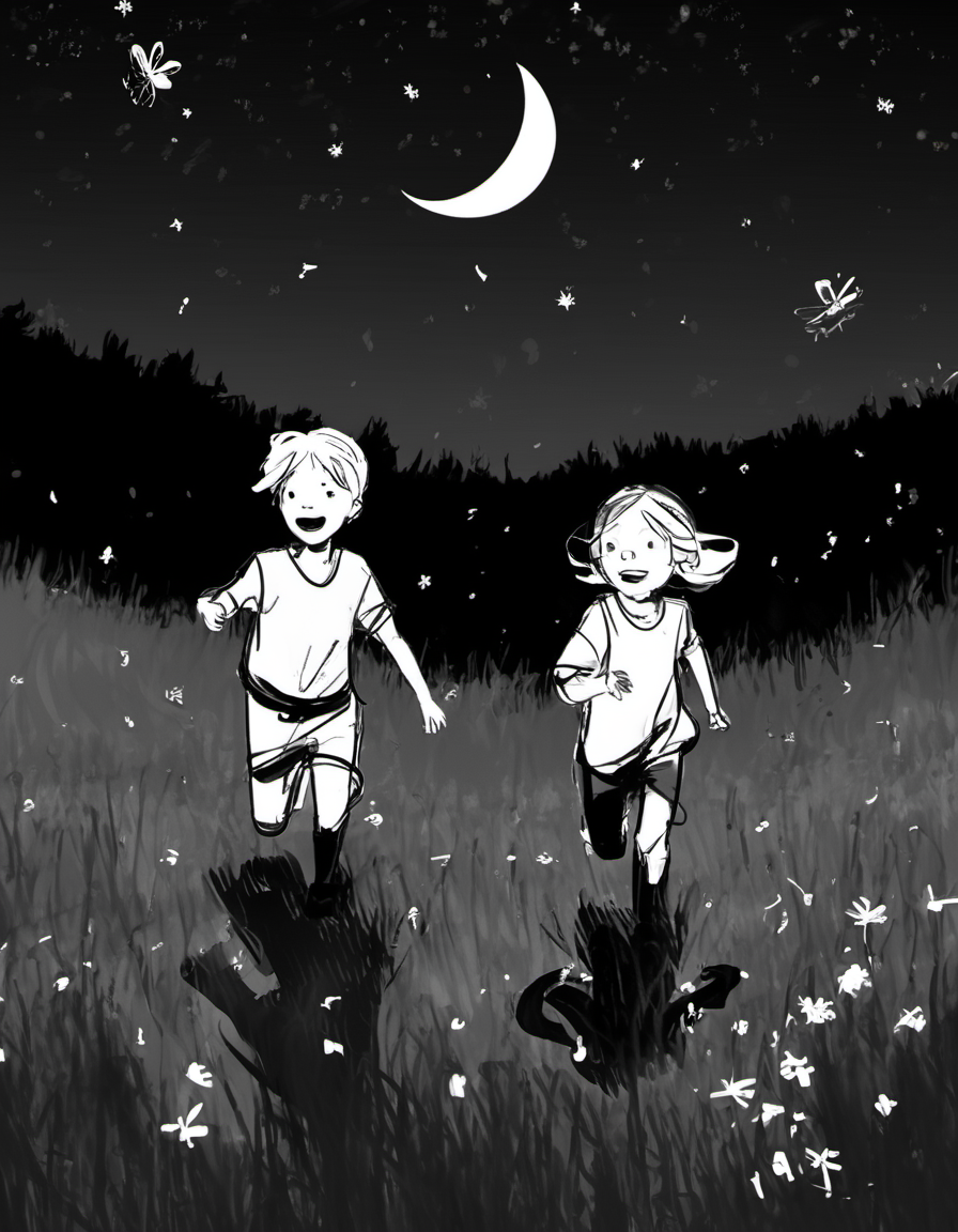 Two kids, chasing fireflies, in a meadow under a starry night. <lora:Storyboard_sketch:0.85>
