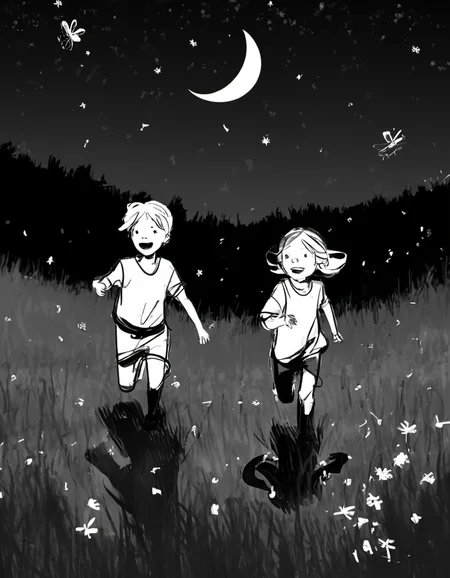 Two kids, chasing fireflies, in a meadow under a starry night. <lora:Storyboard_sketch:0.85>