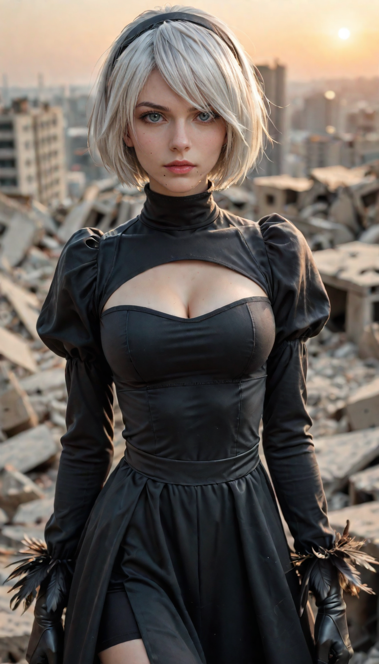 score_9, score_8_up, score_7_up, Raw Photo, Cowboy Shot, yorha no. 2 type b, short white hair, black dress, hairband, black gloves, clothing cutout, cleavage cutout, puffy sleeves, long sleeves, black hairband, feather-trimmed sleeves, juliet sleeves, mole under mouth, holding katana, black thighhighs, turtleneck, sunset, rubble in the background, depth of field, dynamic angle, photo realistic:1.4, realistic skin:1.4, fashion photography, sharp, analog film grain, hyperdetailed:1.15