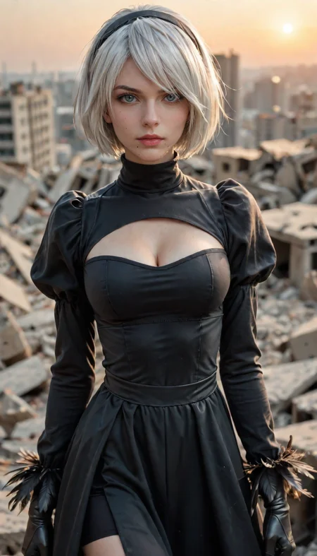 score_9, score_8_up, score_7_up, Raw Photo, Cowboy Shot, yorha no. 2 type b, short white hair, black dress, hairband, black gloves, clothing cutout, cleavage cutout, puffy sleeves, long sleeves, black hairband, feather-trimmed sleeves, juliet sleeves, mole under mouth, holding katana, black thighhighs, turtleneck, sunset, rubble in the background, depth of field, dynamic angle, photo realistic:1.4, realistic skin:1.4, fashion photography, sharp, analog film grain, hyperdetailed:1.15