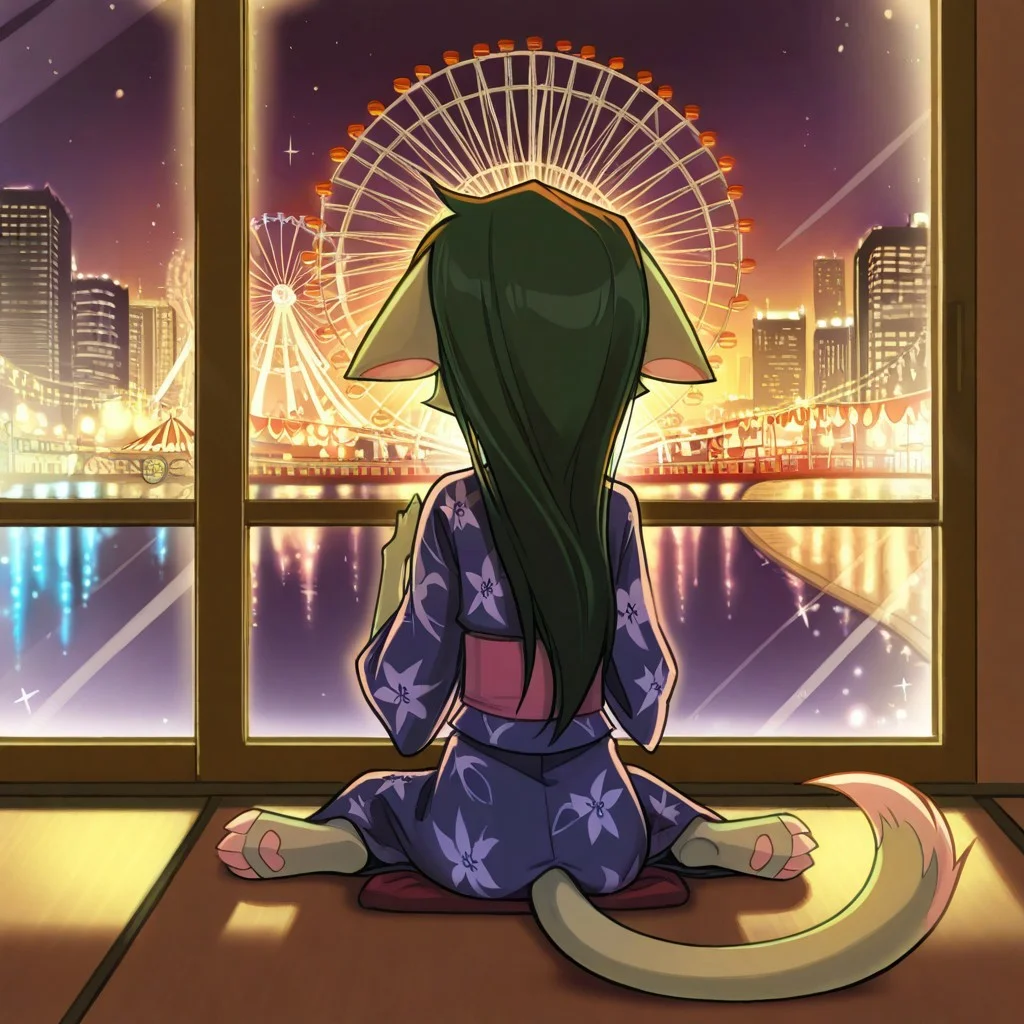 score_9, score_8_up, score_7_up,lilith_calah,
1girl,solo,furry,tail,dark green hair, source_furry, masterpiece,
,<lora:lilith_calah_illustrious:0.8>,
kid, child,
ferris_wheel, night, city_lights, yukata, festival, sitting, looking_out_window, long_hair, gentle_smile, sparkles, warm_lighting, soft_focus, scenic_view, peaceful_expression, detailed_background