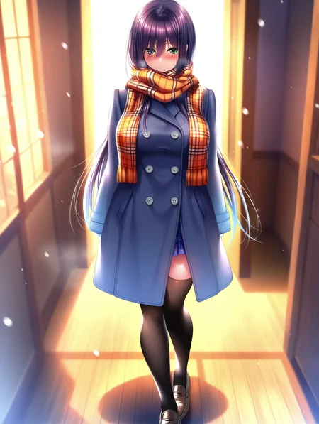 (masterpiece,best quality,ultra_detailed,highres,absurdres:1.2,amazing quality,very aesthetic),<lora:Himiyama Rei ilxl_v1-000012:0.8>,rei\(Amakano 2\),1girl,solo,long hair,large breasts,green eyes,purple hair,black thighhighs,loafers,standing,looking at viewer,white background,full body,orange scarf,blue coat,plaid scarf,, (masterpiece,best quality,ultra_detailed,highres,absurdres:1.2,amazing quality,very aesthetic),Smooth Negative,