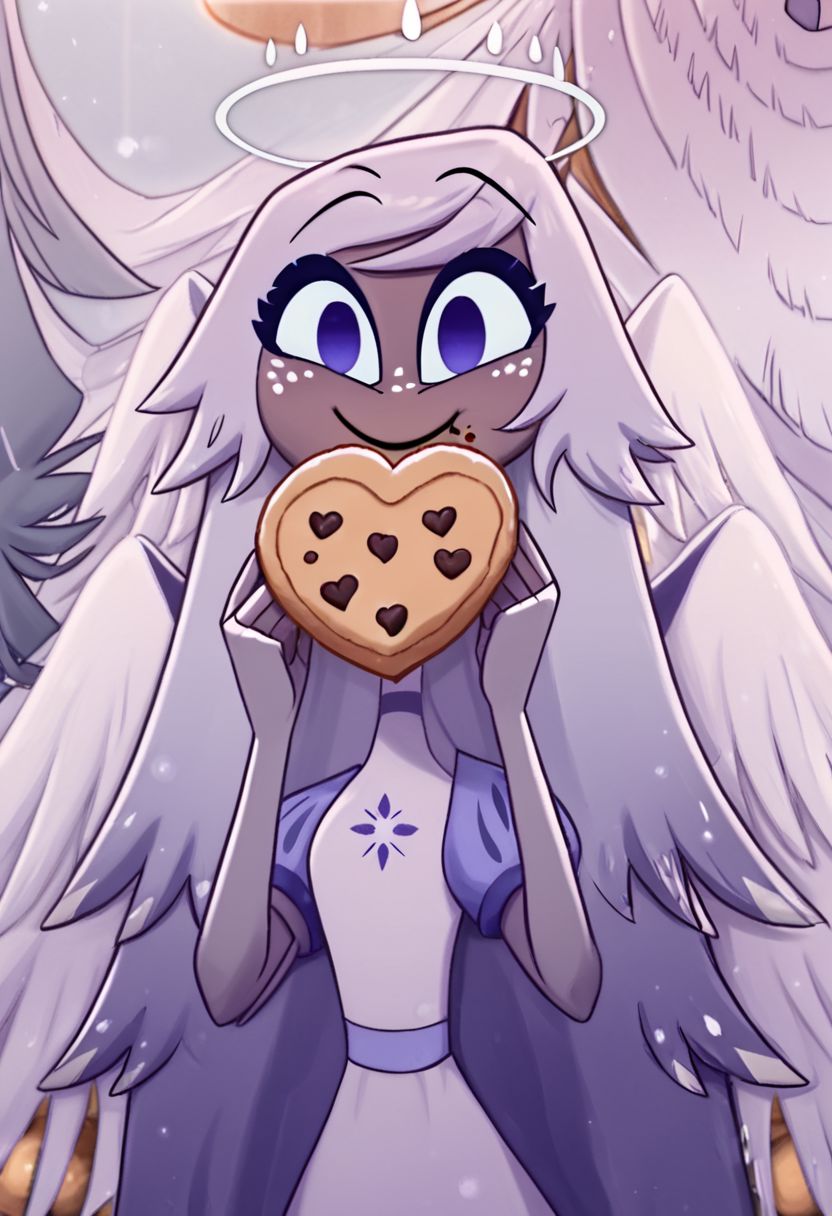 Emily, angel, angel wings, halo, cute, gray skin, heart shape cookies, looking at viewer, smile, eating cookie, kitchen background, soft shading, light blush, detailed, masterpiece
