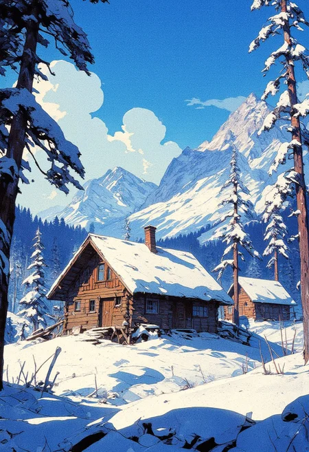 A serene winter landscape featuring a cozy wooden cabin nestled in a snow-covered valley. The scene is illuminated by crisp, bright sunlight, casting soft shadows across the untouched snow. A second, smaller cabin is partially hidden behind the first, adding depth and warmth to the composition. Snow-laden branches frame the image, while delicate, frost-covered trees stand tall in the background. Towering, snow-capped mountains rise in the distance, their peaks blending into a brilliant blue sky with wispy clouds. The atmosphere is peaceful and quiet, evoking a sense of solitude and tranquility. The art style is semi-realistic with painterly brushstrokes, emphasizing texture and light, creating a dreamlike winter wonderland.
,  anime, cyberpunk