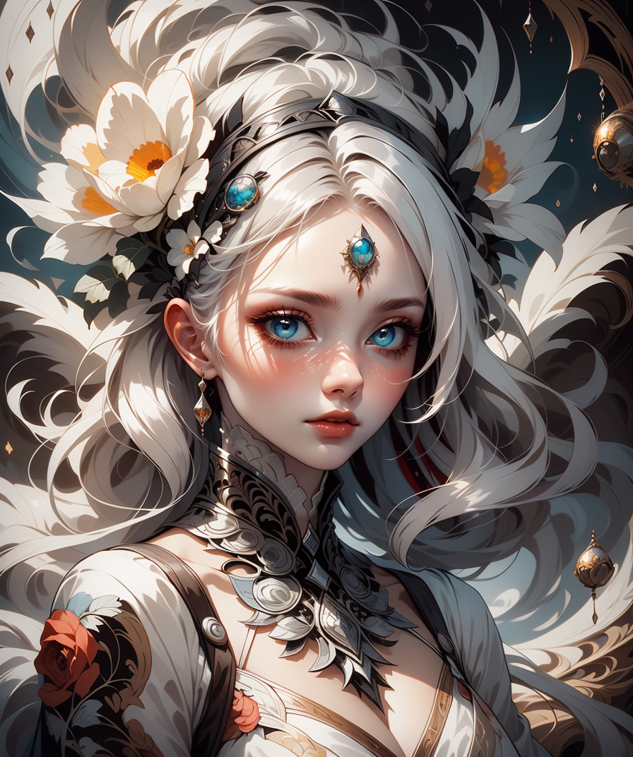 (masterpiece), (best quality), (vibrant light colors), intricate pattern, <lora:AnzhcDreamwave v3_1 watermark fix:0.5> anzhcdreamwave, aesthetic, canvas with red paint, 1girl, white hair, pale, creativity, white dress, hair ornament, dreamlike, (blurry background:1.1)