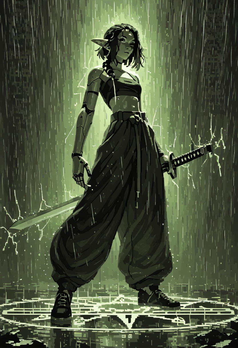 score_9, score_8_up, score_8, 
female, 1girl, solo, 
backlit, edgelit,
short hair, (braided hair), black hair, 
Full body, wide stance, 
techwear, cyborg, pointy elf ears, 
techwear, baggy pants, lowrise pants, croptop, midrif, 
street in background, glowing signs,
((pixel)), green theme, monochrome,
From behind, 
Holding, holding sword, lowered sword, katana, futuristic sword, 
Rain, heavy rain, glistening surfaces, 
Low poin of view,
summon, magic circle,