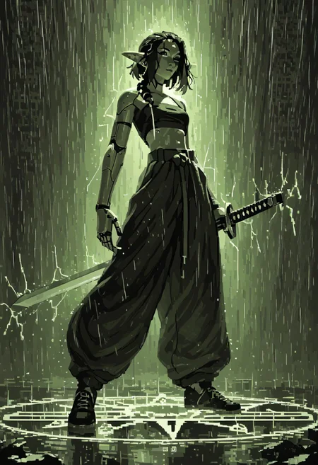 score_9, score_8_up, score_8, 
female, 1girl, solo, 
backlit, edgelit,
short hair, (braided hair), black hair, 
Full body, wide stance, 
techwear, cyborg, pointy elf ears, 
techwear, baggy pants, lowrise pants, croptop, midrif, 
street in background, glowing signs,
((pixel)), green theme, monochrome,
From behind, 
Holding, holding sword, lowered sword, katana, futuristic sword, 
Rain, heavy rain, glistening surfaces, 
Low poin of view,
summon, magic circle,