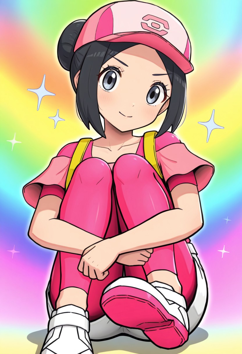 hinosaki, [[pokemoa, gonzarez]], 2d, masterpiece, best quality, amazing quality, 1girl, solo, close-up, sitting, hugging own legs, lower body, foot focus, looking at viewer, multicolored background, sparkle, rainbow background, colorful background, pkbettie, cute style, black hair, grey eyes, short hair, sidelocks, bangs, hair bun, baseball cap, pink headwear, pink shirt, collarbone, pink undershirt, short sleeves, off-shoulder shirt, high-waist shorts, white shorts, pink leggings, leggings under shorts, yellow backpack, shoes, white footwear