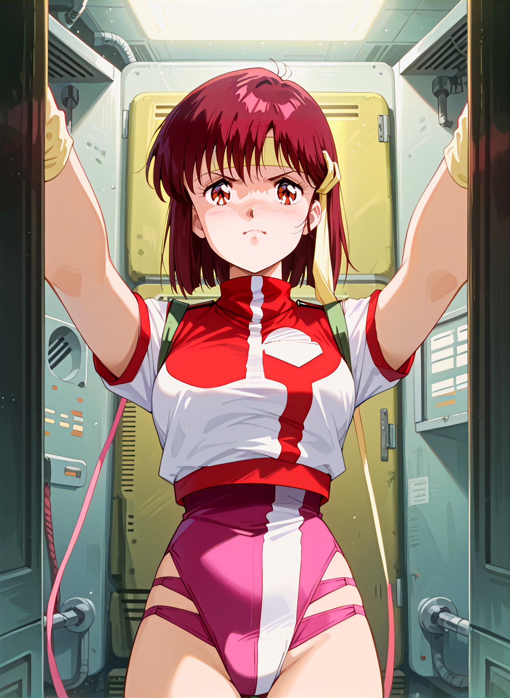 score_9,score_8_up,score_7_up,source_anime,anime,nsfw,rating_explicit,uncensored,High quality,Ultra detailed,best quality,insanely detailed,beautiful,masterpiece,perfect lighting BREAK
indoors,<lora:takaya_noriko_V1:1>,(takaya_noriko, red hair, short hair, brown eyes,),(pink leotard,uniform,turtleneck,short sleeves),(1980s (style), retro artstyle),1girl,solo,serious,posing,front view,,looking_at_viewer,