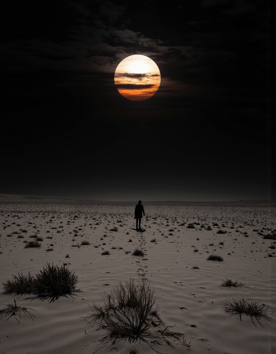 A cinematic photography.
Ashen desert, the black sun dominates the horizon, shadows wander in search of hope, highly detailed, 8k, sharp, professional, clear,  high contrast, vivid deep blacks, crystal clear.
