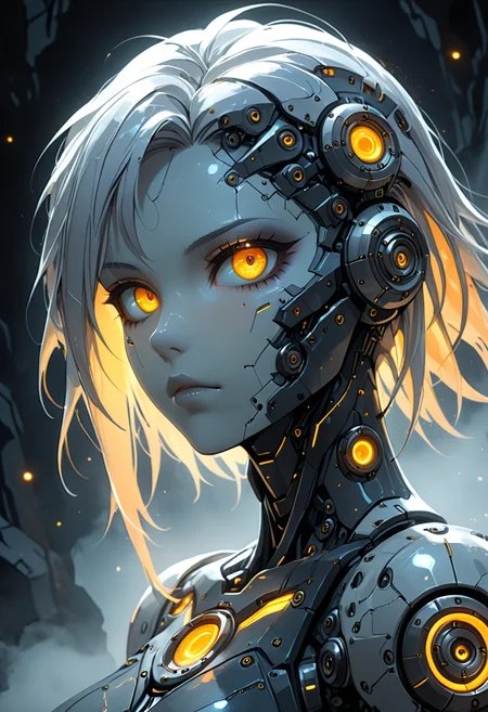 anime, cybernetic Mythpunk woman, with liquid marble white skin with gray veins, detailed yellowish-orange mechanical eyes, subtle neon implants. Partially concealed expression, hinting at ancient secrets. Single abstract light source, rim lighting through mist, soft ethereal glow, mobe-cybideen,