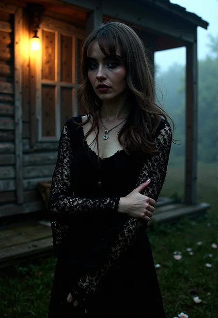 Extremely photorealistic photography of A Gothic woman with dark tones and intricate details, dressed in a bohemian crochet dress with voluminous bell sleeves. The outside rustic wooden house setting is illuminated by dramatic, high-contrast lighting, creating a moody, mysterious atmosphere. Black flowers and wilted blooms add to the textured, haunting beauty of the scene.
Incorporate a light mist or fog rolling through her surrounding, softening the edges and adding mystery.Introduce floating dust particles illuminated by light beams, adding texture and realism.
She tucks her chin slightly, with her arms crossed and a thoughtful gaze.