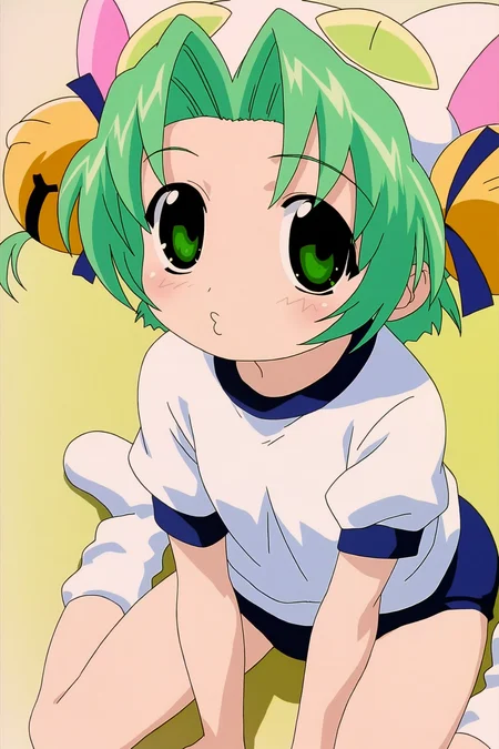 digicharat99, dejiko, 1girl, flat chest, solo, short hair, hair ornament, hat, animal ears, green eyes, green hair, cat ears, hair intakes, hair bell, animal hat, cat hat, looking at viewer, gym uniform, white shirt, wariza, light blush, from above, close-up, blue buruma, o3o, general, 
very awa, masterpiece, best quality, absurdres, highres, 