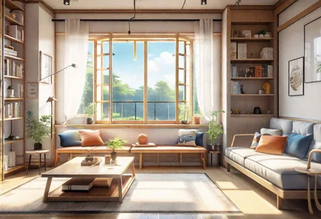 anime-style, modern-style interior, with white walls and large windows, Nordic-style furniture, a  study, Sofa, coffee table, bookcase, single wall, 
warm light morning sun, the view of the city