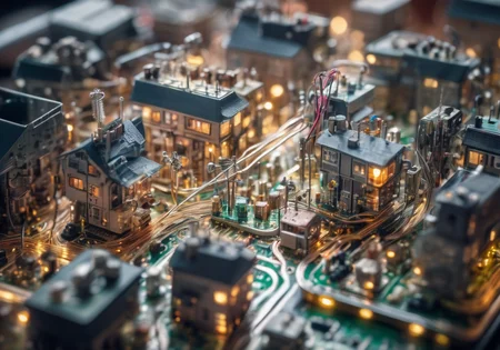 extremely detailed micro photo of a miniature mechanical (town:1.1) with visible wires and mechanical parts on top of a (circuit board with resistors, transistors, switches:1.1), tilt shift
