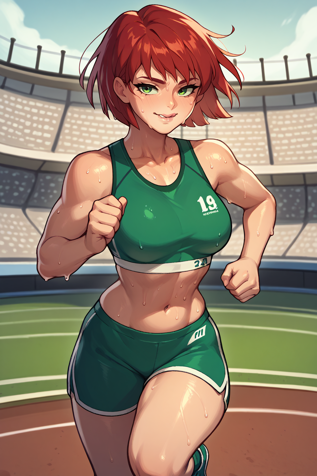 score_9, score_8_up, score_7_up, BREAK <lora:NSPriscillaFE7:1> 1girl, solo, NSPriscillaFE7, red hair, green eyes, short hair, sports bra, sports shorts, navel, running, sweat, licking lip, stadium, towards viewer