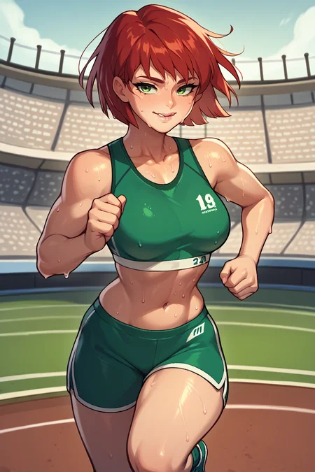 score_9, score_8_up, score_7_up, BREAK <lora:NSPriscillaFE7:1> 1girl, solo, NSPriscillaFE7, red hair, green eyes, short hair, sports bra, sports shorts, navel, running, sweat, licking lip, stadium, towards viewer